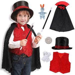 Disfraz de mago con varita para niÃ±os, incluye capa, gorro, chaleco y guantes